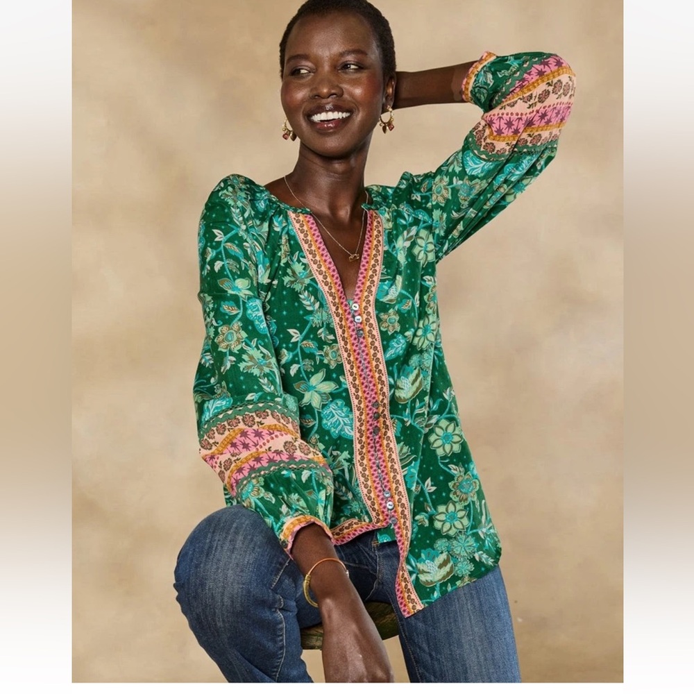 Sundance Green Floral V-Neck Peasant Blouse with Pink Trim